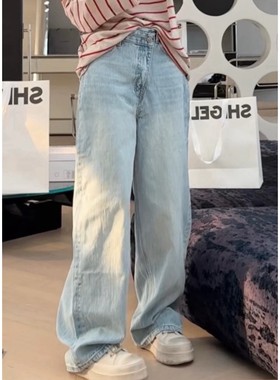 秒发诗歌兰16998慵懒休闲简约斜扣高腰直筒牛仔裤女2025秋季新品