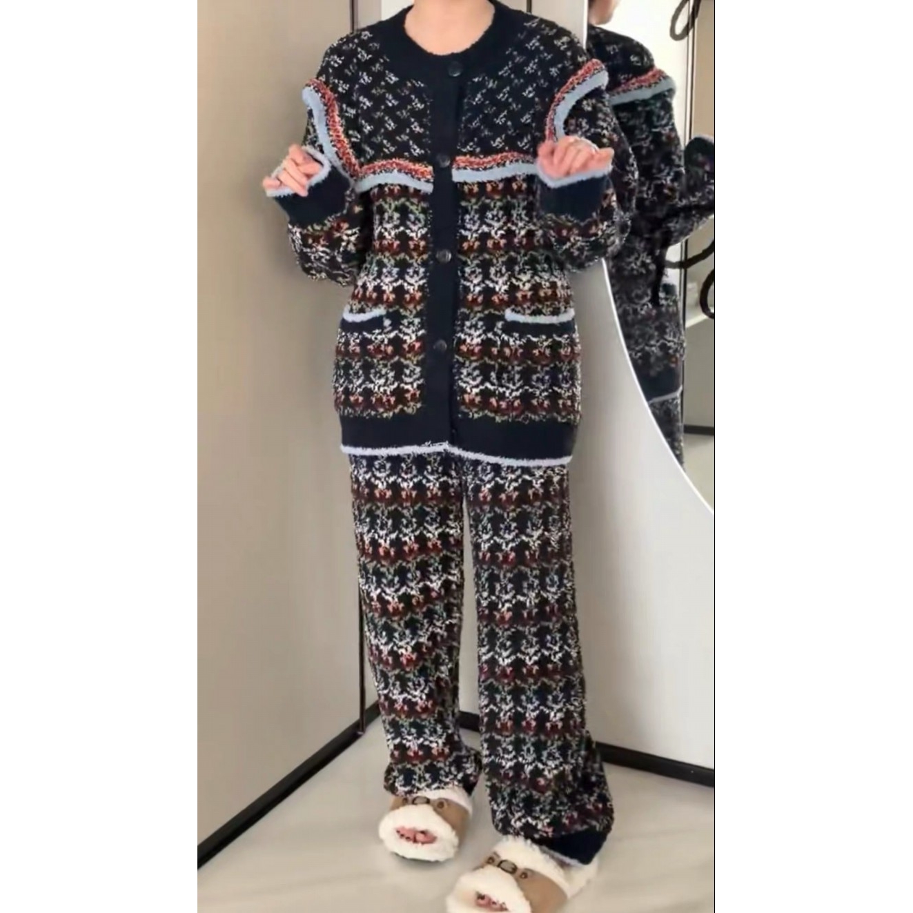 现货主推诗歌兰5571可爱温柔半边绒上衣+长裤家居服套装女25年新