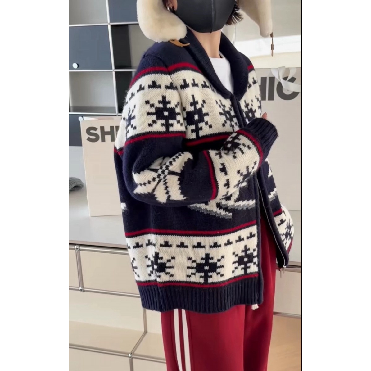 现货诗歌兰5842时髦慵懒费尔岛拉链开衫翻领花色毛衣女25年冬季新