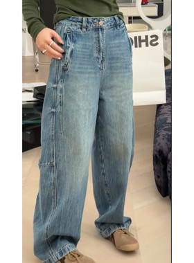 秒发诗歌兰95136时尚蓝色水洗磨白弯刀松弛感牛仔裤女25秋季