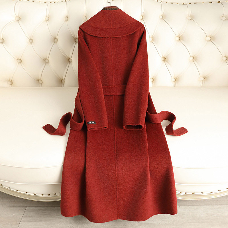 2025秋冬新款双面羊毛大衣女纯色翻领系带修身轻奢感毛呢大衣