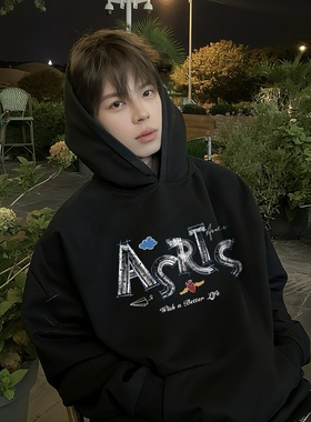正品 Asrts重磅连帽卫衣男涂鸦纸飞机字母小众美式潮牌情侣装上衣