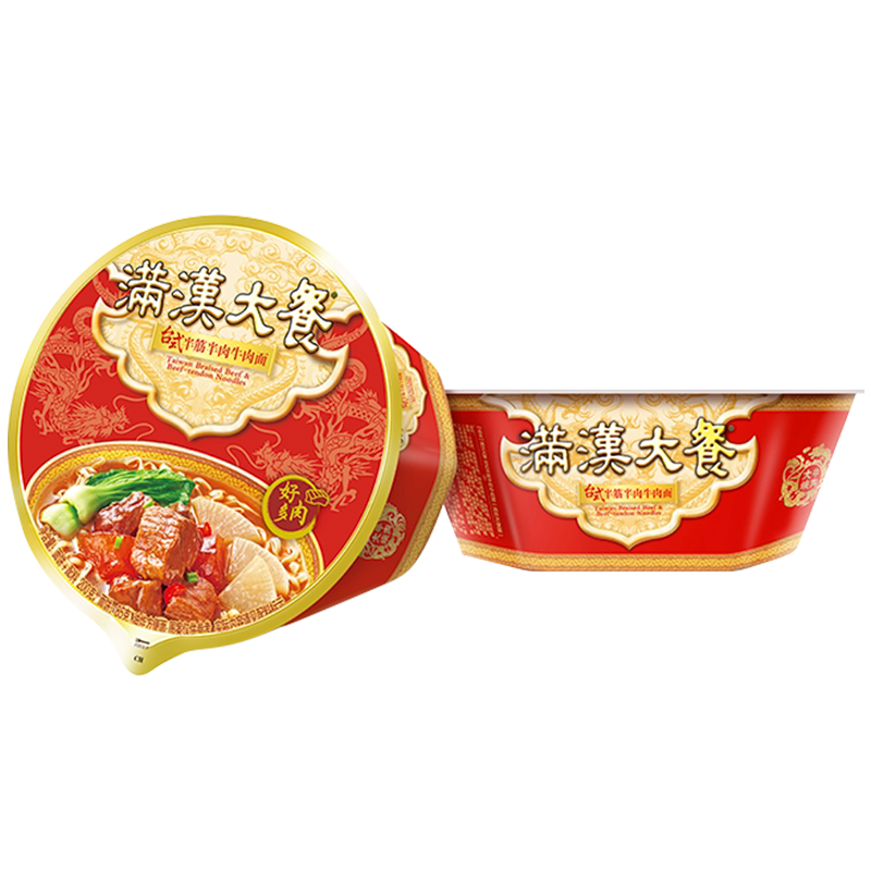 满汉大餐台式半筋半肉红烧牛肉面桶装泡面条整箱批发方便速食品