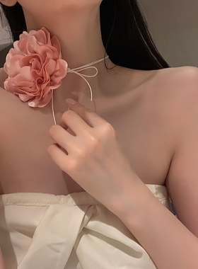 山茶花花朵锁骨链无扣绑带黑色暗黑系复古小众设计法式脖颈链项圈
