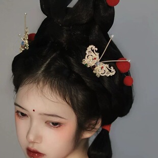 红色绒球发钗戏曲头饰古装古风国潮汉服新中式毛球新年百搭簪子