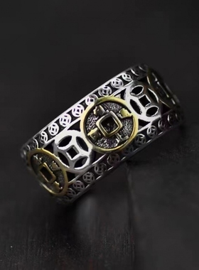 S925银ins潮小众设计复古冷淡风食指戒指钱币开口指环女款