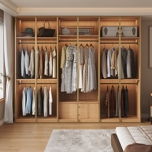 定制橡木实木衣柜一门到顶玻璃柜门卧室家用原木风储物六门大衣橱