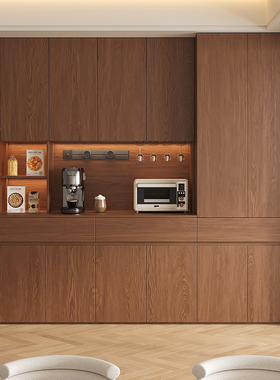 定制全实木餐边柜靠墙一体储物柜简约茶水柜厨房碗柜胡桃橡木高柜