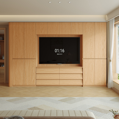 定制全实木橡木分段式圆弧衣柜可嵌入电视新款卧室家用组合大衣橱