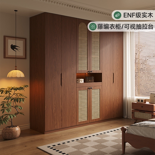 国补一门到顶实木内嵌拉手衣柜卧室家用藤编中古风储物柜大衣橱