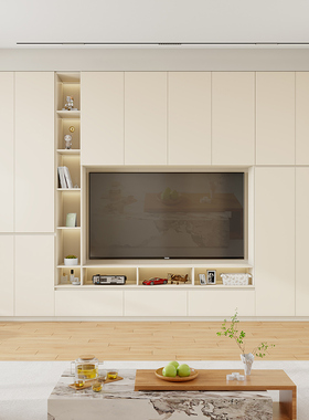 定制橡木满墙电视柜75寸白色全实木收纳储物一体客厅家用靠墙边柜