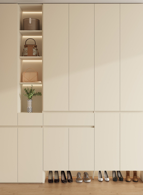 定制鞋柜橡木全实木白色一体靠墙入户玄关储物柜家用门口收纳柜