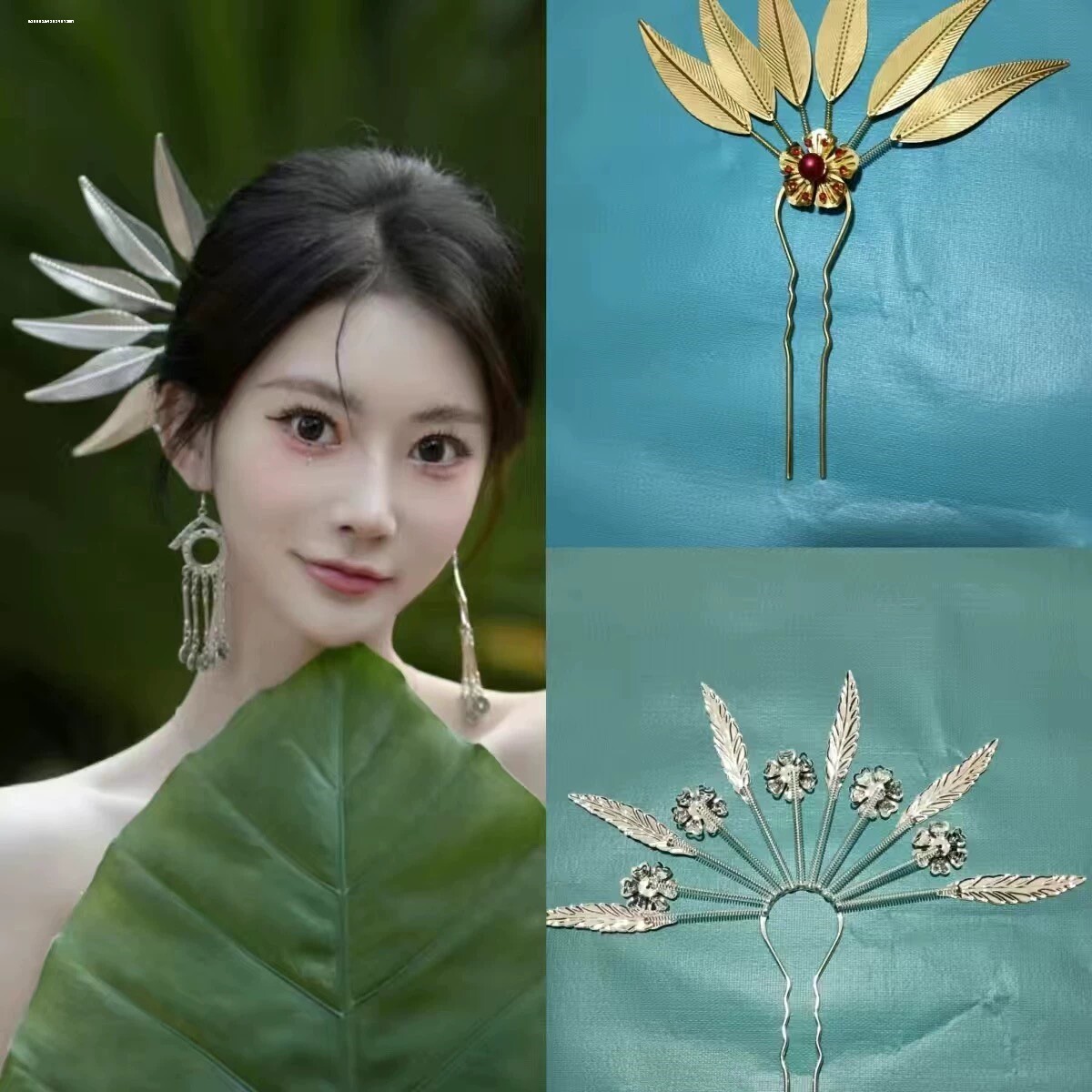 民族风发簪子合金镶钻发针复古风金色树叶子敦煌飞天头发饰品