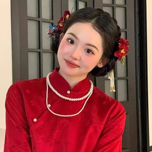 马面裙秀禾服新娘头饰中式旗袍盘发发夹侧边山茶花清汉女古风配饰