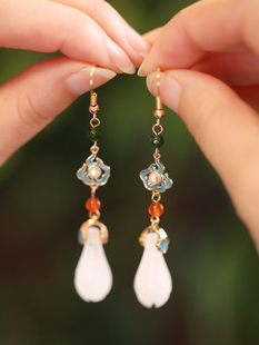 白玉兰吊坠优雅气质耳饰秋冬旗袍耳环女复古长款中式耳坠古风烧蓝