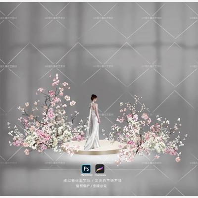 B008樱花花艺素材合影区舞台婚礼效果图粉白色迎宾区订婚宴布景