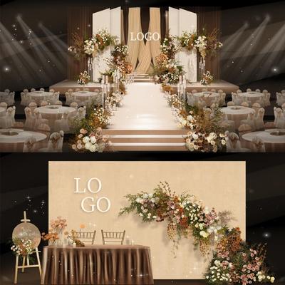 香槟色奶茶色奶咖色焦糖秋色泰式舞台婚礼背景设计效果图PS源文件