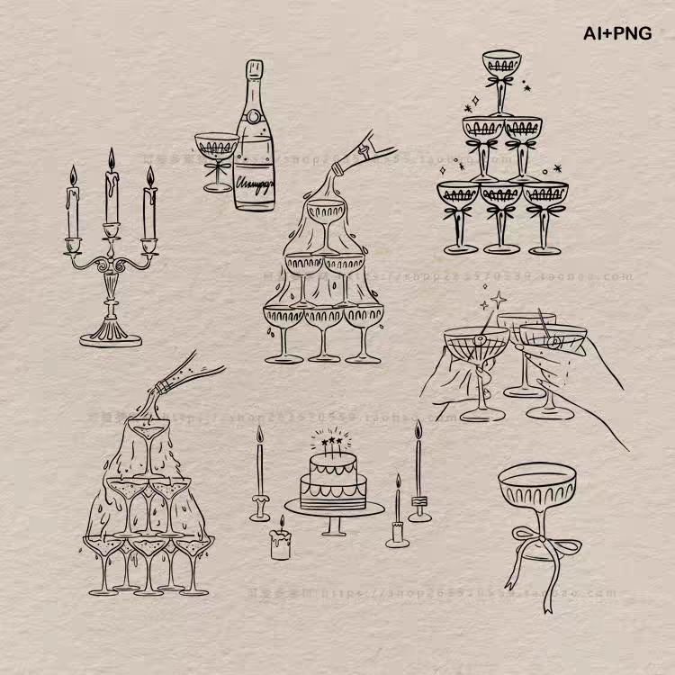 sc53手绘婚礼香槟酒杯干杯香槟塔插画邀请函海报请柬设计矢量素材