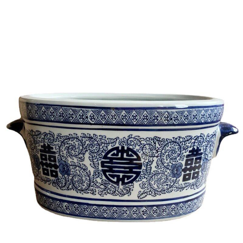 中式客厅手绘青花瓷落地装饰花喜字水培水仙花富贵竹花盆