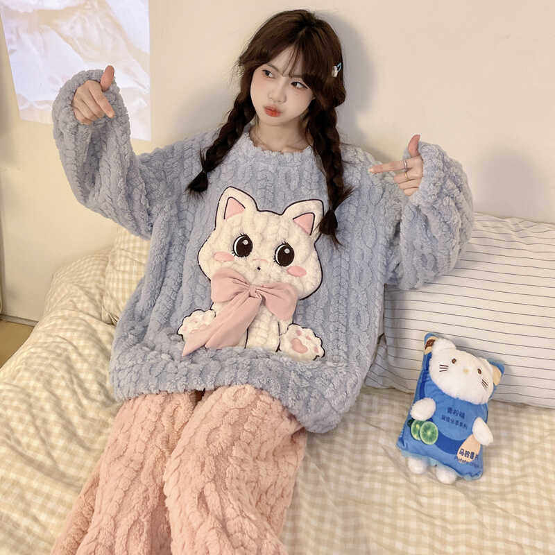 全棉纯棉珊瑚绒睡衣女秋冬季加厚加绒2025冬天新款可爱卡通少女家
