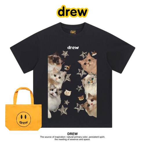 Drew笑脸猫咪布偶金渐层缅因猫可爱百搭宽松休闲情侣纯棉短袖T恤