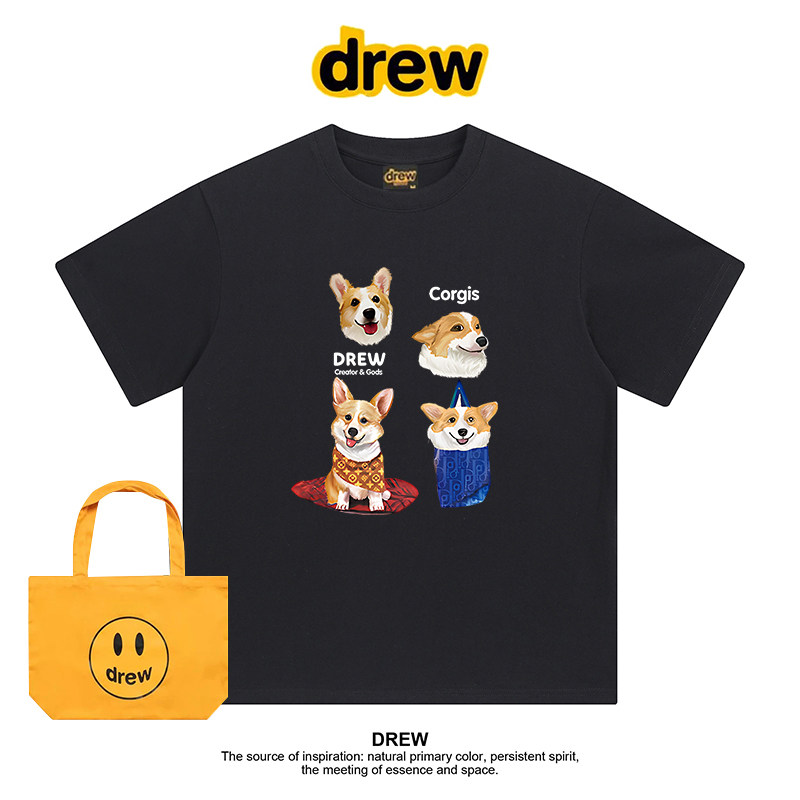 Drew美式潮牌柯基狗狗印花夏季圆领正肩短袖T恤男女款休闲上衣