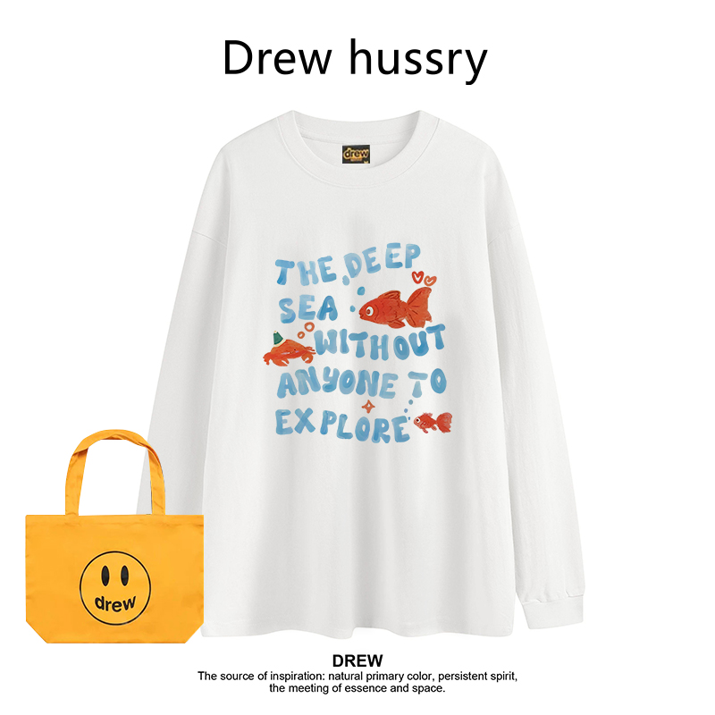 Drew美式潮牌卡通小鱼印花春秋打底衫圆领正肩长袖T恤男女款上衣