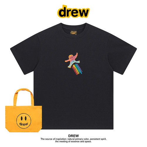 Drew美式潮牌卡通彩虹小人印花休闲百搭正肩纯棉短袖T恤情侣上衣