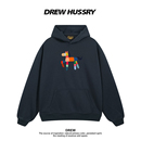 Drew美式 宽松上衣 潮牌卡通小马印花圆领纯棉连帽卫衣男女情侣装