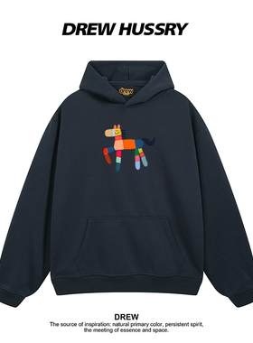 Drew美式潮牌卡通小马印花圆领纯棉连帽卫衣男女情侣装宽松上衣