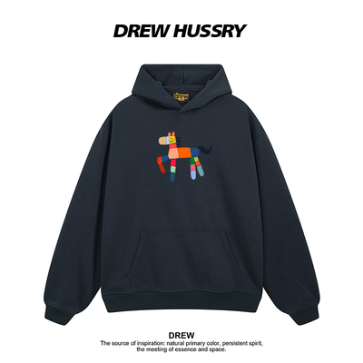 Drew美式潮牌卡通小马印花圆领纯棉连帽卫衣男女情侣装宽松上衣