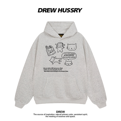 Drew美式潮牌趣味猫咪印花连帽卫衣男女秋冬重磅纯棉情侣装上衣