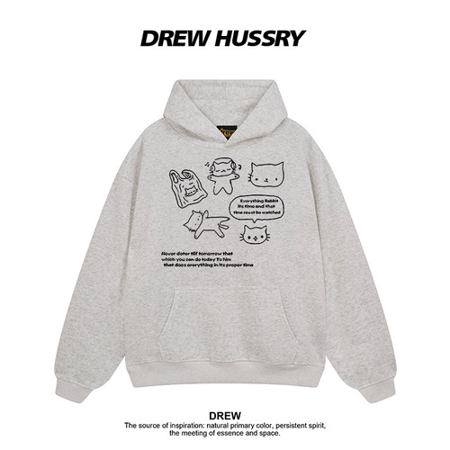 Drew美式潮牌趣味猫咪印花连帽卫衣男女秋冬重磅纯棉情侣装上衣