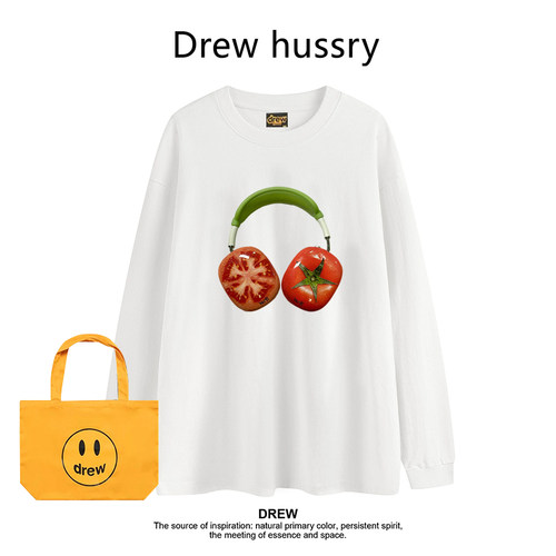 Drew美式潮牌趣味番茄水果印花打底衫圆领重磅纯棉长袖T恤上衣ins