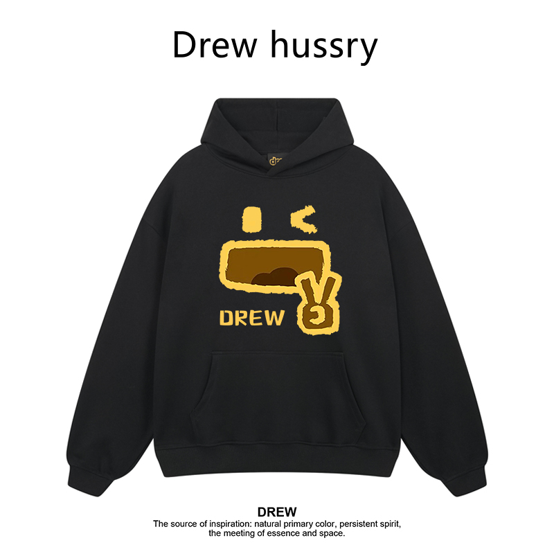 Drew美式潮牌卡通比耶印花休闲连帽卫衣秋冬加绒加厚百搭宽松情侣