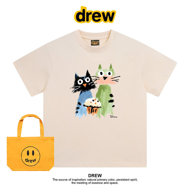 Drew美式潮牌涂鸦猫咪夏季圆领正肩短袖T恤男女款休闲情侣装上衣