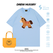 Drew美式 ins 半袖 卡通马年限定印花短袖 T恤男女纯棉宽松百搭情侣装