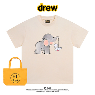 T恤圆领半袖 正肩纯棉短袖 ins 潮牌大象与小人卡通印花夏季 Drew美式