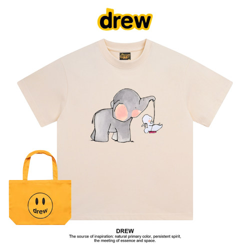 Drew美式潮牌大象与小人卡通印花夏季正肩纯棉短袖T恤圆领半袖ins