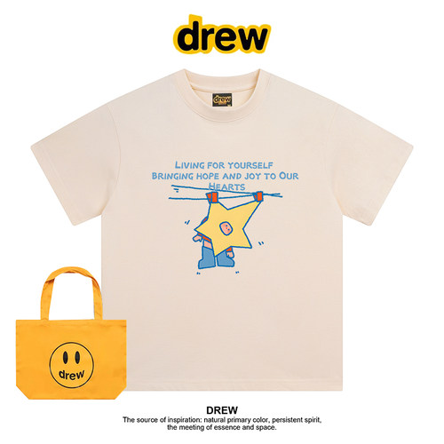 Drew美式潮牌星星人印花夏季圆领正肩纯棉短袖T恤情侣装百搭上衣