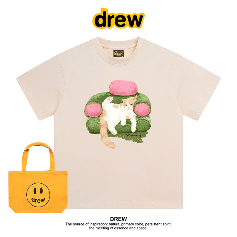 Drew美式潮牌卡通懒惰猫咪可爱休闲正肩纯棉短袖T恤百搭情侣上衣 - 实物图