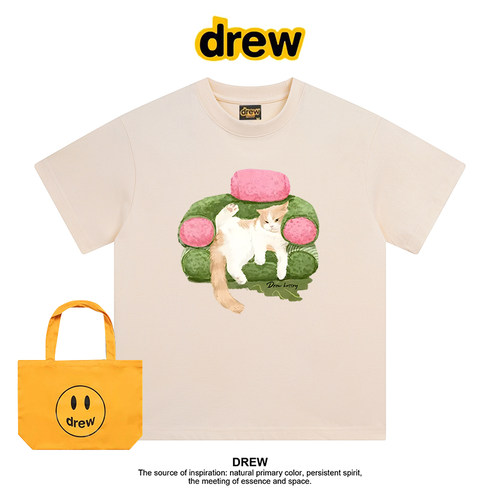 Drew美式潮牌卡通懒惰猫咪可爱休闲正肩纯棉短袖T恤百搭情侣上衣