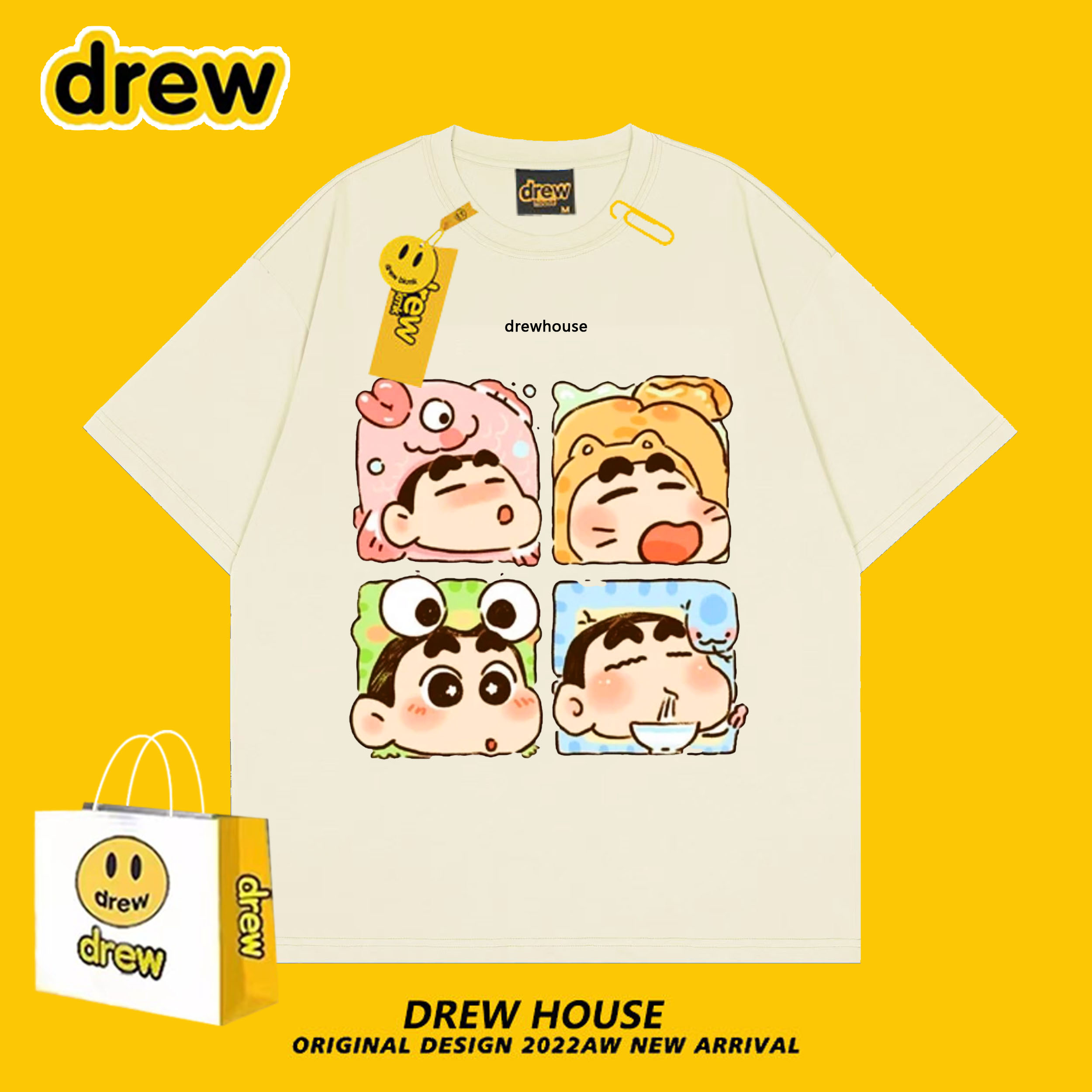 Drew house笑脸蜡笔笑脸联名情侣卡通印花可爱打底衫百搭宽松短袖