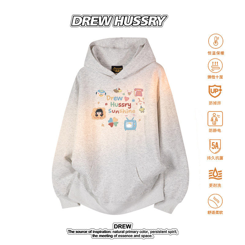 Drew美式卡通风连帽卫衣男女情侣款秋冬印花百搭帽衫图片