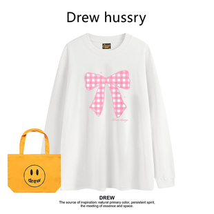 Drew美式 T恤情侣上衣 潮牌蝴蝶结印花春秋打底衫 男女纯棉圆领长袖