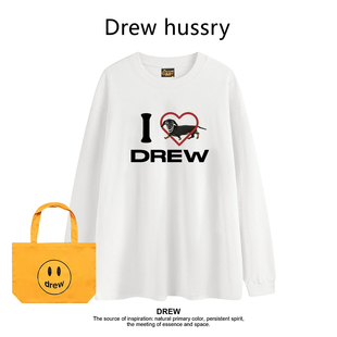 情侣上衣 Drew美式 潮牌腊肠小狗打底衫 印花重磅纯棉长袖 T恤男女款