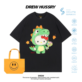 半袖 T恤男女宽松可爱情侣装 卡通HelloKitty印花纯棉短袖 Drew美式