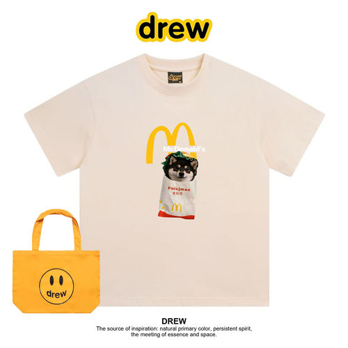 Drew笑脸趣味柴犬短袖麦当劳脆薯饼印花夏季宽松休闲百搭落肩T恤