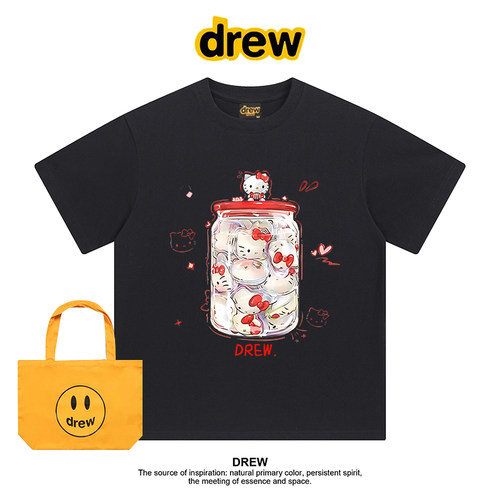 Drew美式潮牌KT猫卡通印花纯棉短袖T恤男女同款情侣上衣ins