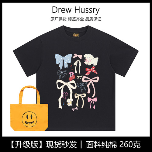 Drew美式潮牌蝴蝶结印花纯棉短袖t恤女百搭宽松ins夏季情侣装上衣